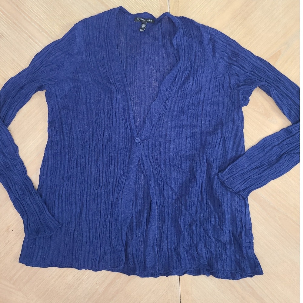 Eileen Fisher Cardigan Women L Blue Crinkle Knit V-Neck Single Button